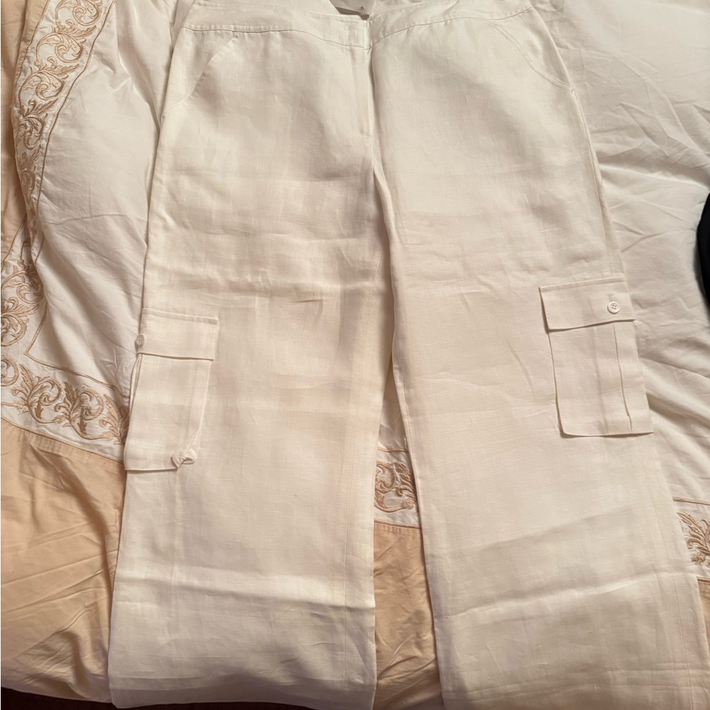 Neiman Marcus Cream Linen Cargo Trousers